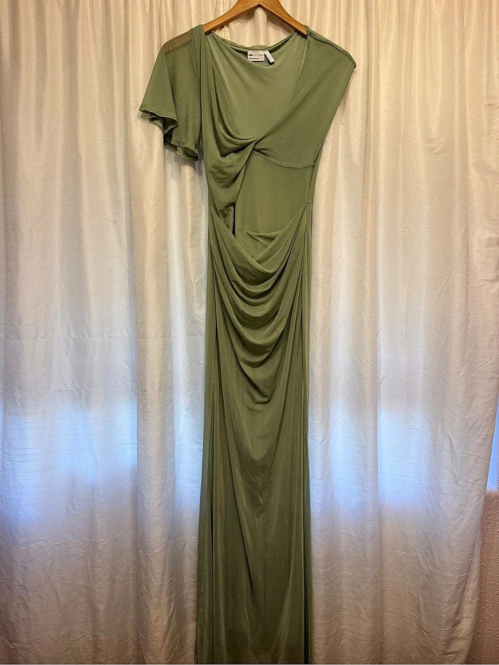 ASOS DESIGN Draped Mesh Asymmetric Sleeve Maxi Dress in Sage Green Sage Green